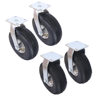 Caster Wheel, 10 Inch, Rubber, 4 Pieces (2 Swivel + 2 Rigid), Black, Steel Hub with Ball Bearings, 5/8 Inch Centered Bore Axle