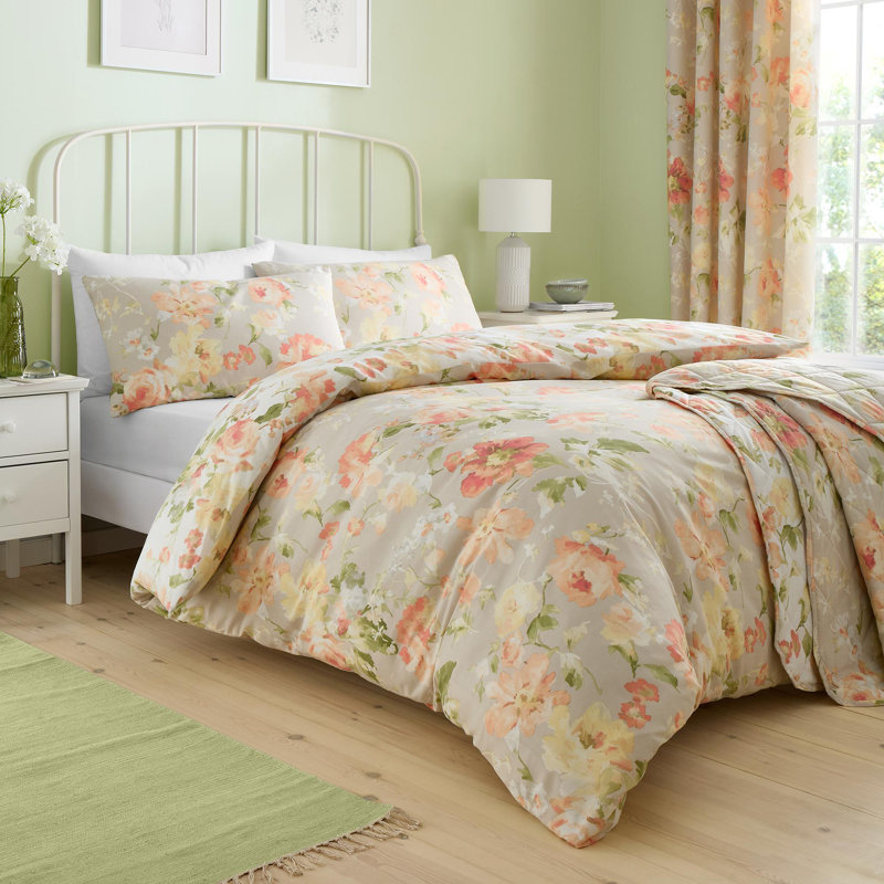 Flourette Cotton Blend Floral Duvet Cover Set with Pillowcases, Super King Duvet Cover Set + 2 Pillowcases