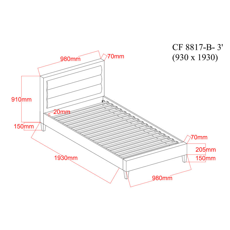 Kovi Upholstered Bed, Single (3') [98 x 207 cm], Grey