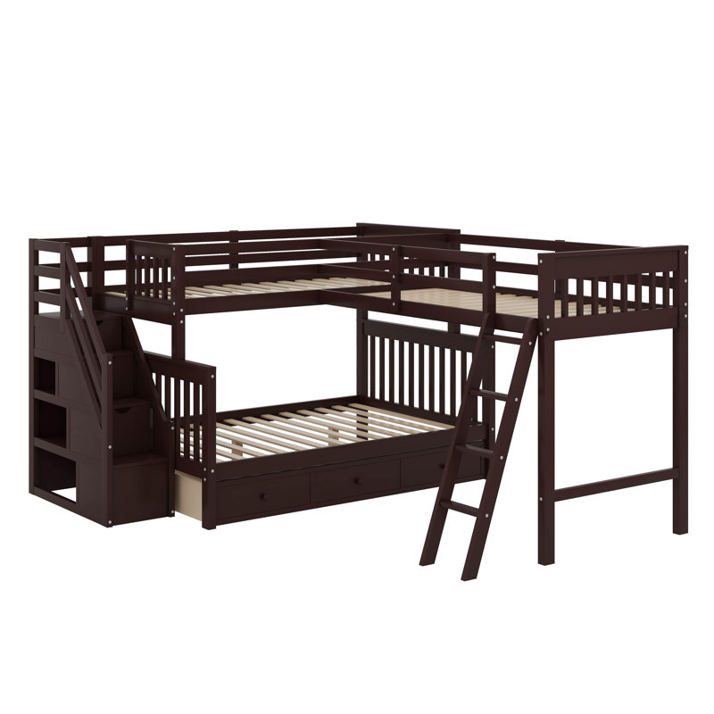 Lit superposé simple au-dessus d'un lit double en L avec tiroirs, échelle et escalier, Espresso
