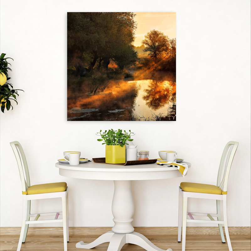 «Golden Morning Mist Peaceful Serene Tranquil Autumn Forest», reproduction d'art murale, H 36 po x l 36 po