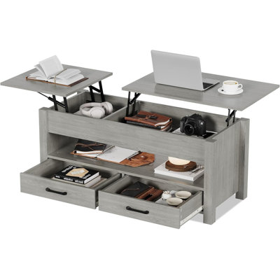 47.2" Lift Top Coffee Table with Storage, Wooden Lift Tabletop, 2 Drawers & Hidden Compartment, Sturdy Metal Lifting System, Multifunctional Table for Living Room & Home Office