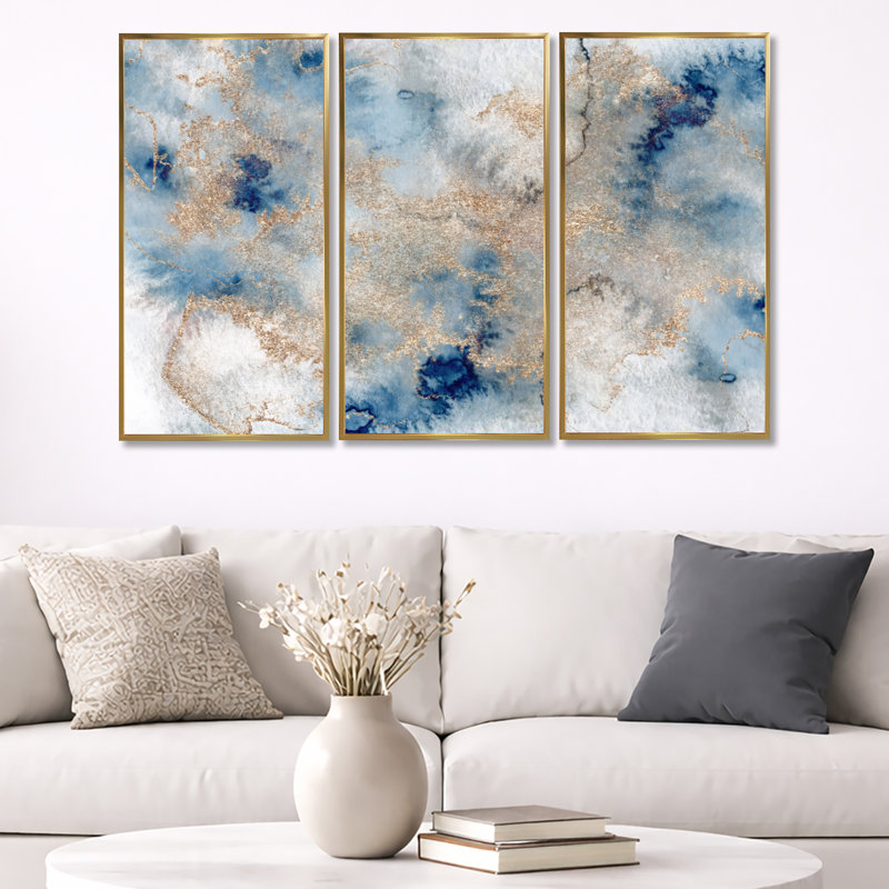 «Blue and Gold Marble Clouds I», reproduction de cadre flottant sur toile 3 pièces, H 32 po x l 48 po, Doré