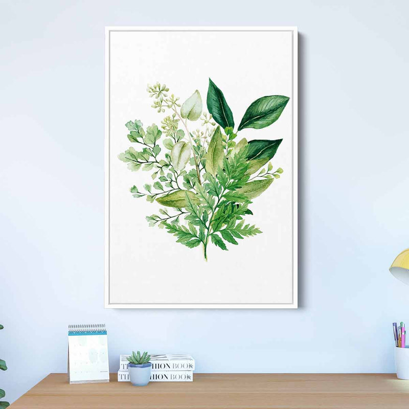 «Effington Green Herbal Watercolor Bouquet», reproduction sur toile, Cadre flottant blanc, H 20 po x l 16 po