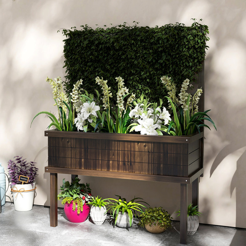 Lit de jardin surélevé Outsunny avec treillis pour plantes grimpantes, légumes, vignes, pot à fleurs en bois avec pieds, trous de drainage et filtre pour jardin extérieur, patio, carbonisé
