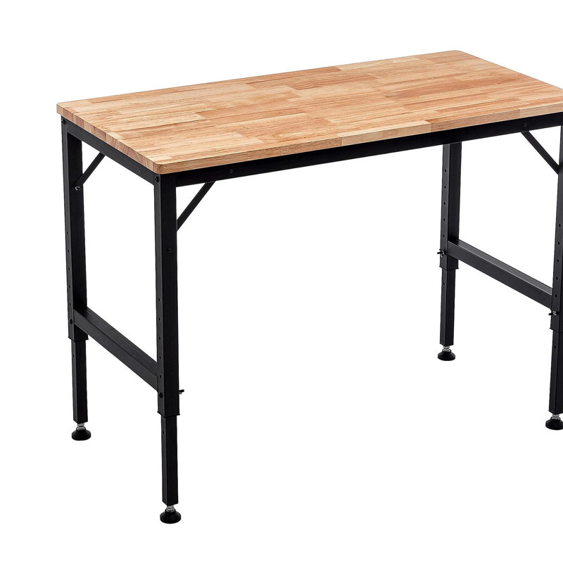 Établi ajustable 48 po pour garage, table d'atelier en bois d'hévéa avec patins en caoutchouc, poste de travail en bois franc, capacité de poids de plus de 2000 lb