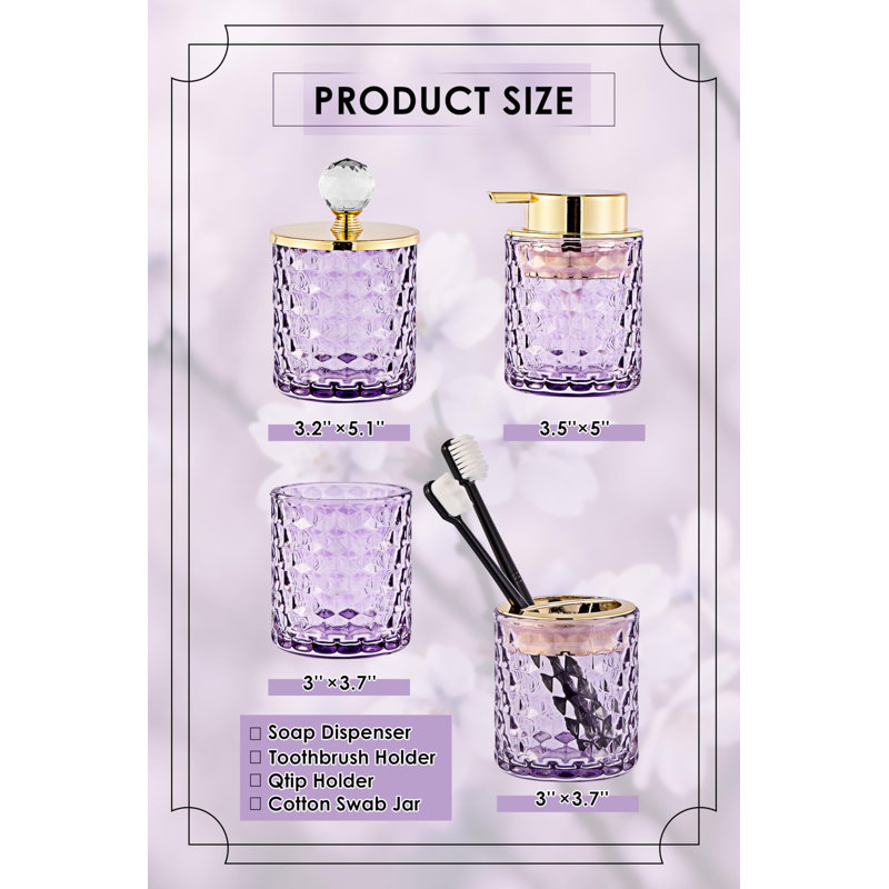 Purple Bathroom Accessories, 4Pcs Purple Bathroom Accessory Set Complete, Toothbrush Holder Set, Soap Dispenser, Qtip Holder, Tumbler, Perfect for Bathroom Decor and Vanity