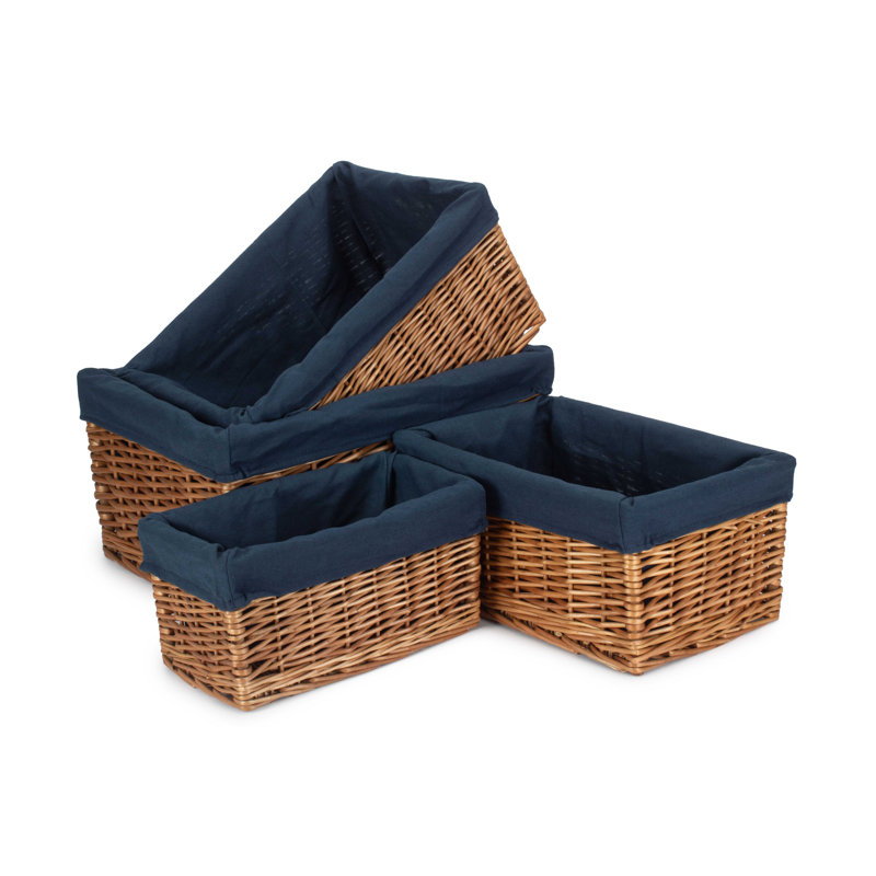 4 Piece Wicker Willow Storage Basket Set with Lining, Double Steamed/Navy Lining
