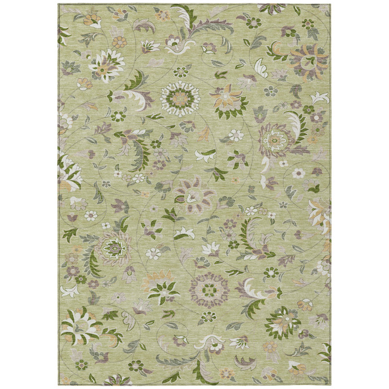 3' X 5' Artichoke Green Gray And Brown Floral Washable Indoor Outdoor Area Rug