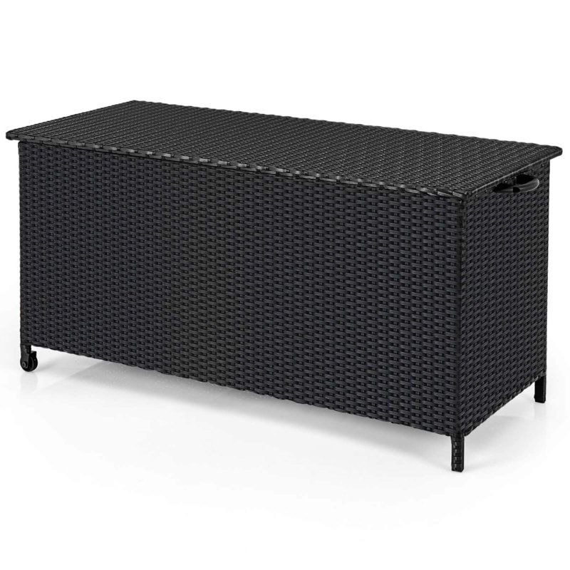 Costway 85 Gallon Rattan Deck Box With Waterproof Liner Universal Wheels & Gas Strut, Black