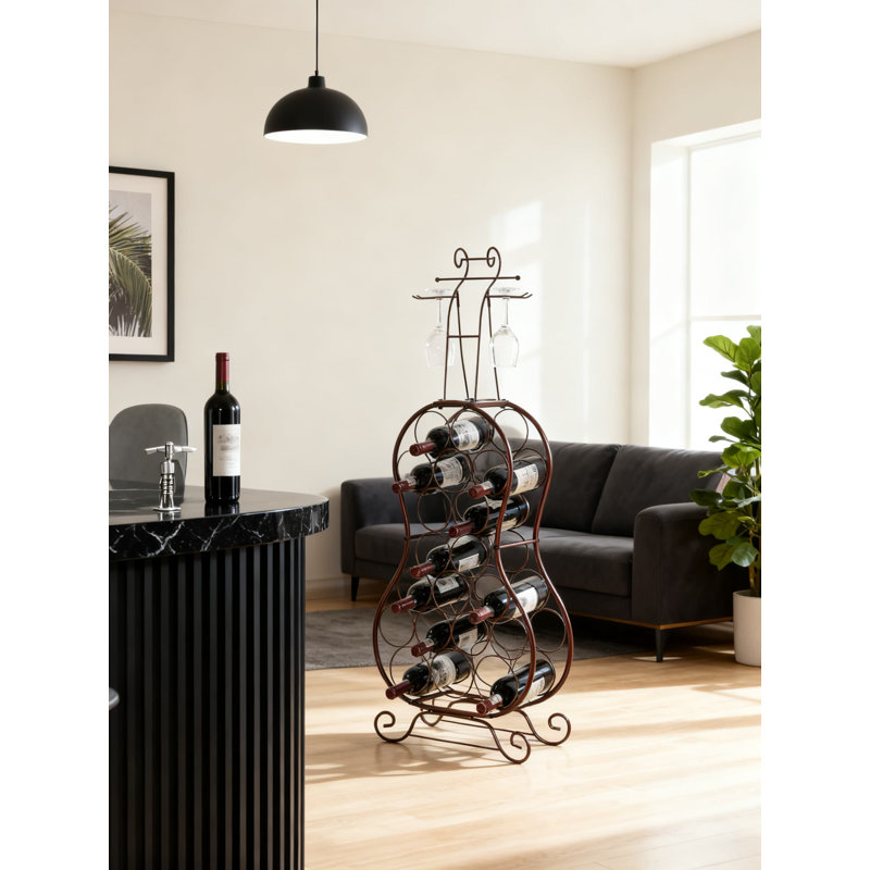 Support à vin autoportant en forme de violoncelle avec capacité de 19 bouteilles et porte-verre à vin intégré, fabrication en métal durable au fini bronze