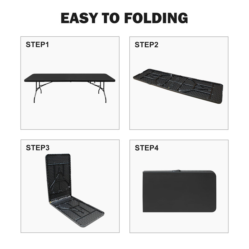 Table pliable de 8 pieds en noir. Portable pour les voyages en camping. Robuste, imperméable. Capacité de charge élevée. Table pliante noire pour l'intérieur et l'extérieur. Des expériences en plein air. Capacité. Susceptible