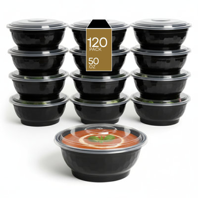 Microwaveable Noodle Bowl with Lid, Black, 50oz, 120-Pack