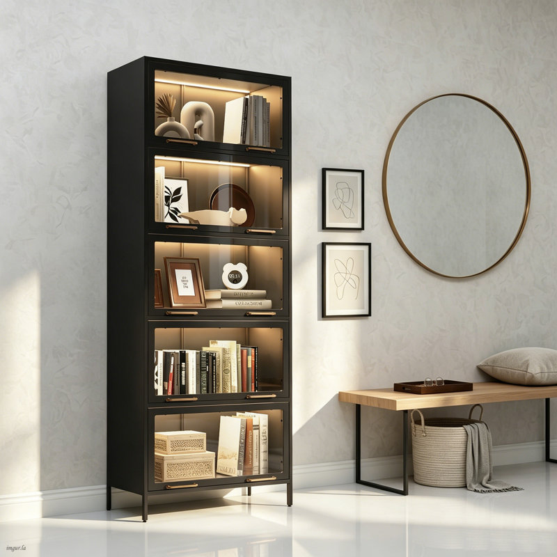Tall 5-Tier LED Lighted Glass Display Cabinet, Modern Metal Storage Cabinet with Gold Handles, Curio Cabinet for Living Room, Dining Room, Bedroom