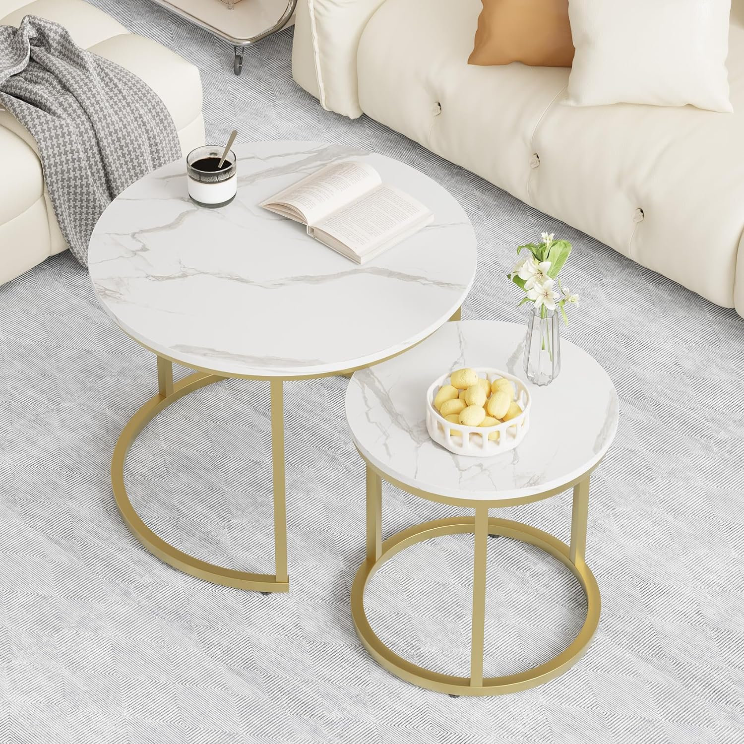 Mercer41 Round Nesting Coffee Table, White And Gold Nesting Tables For ...