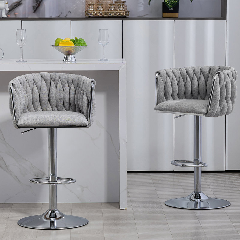 Ensemble de 2 tabourets de bar pivotants à 360 ° avec housse en tissu, chaises de bar réglables à hauteur de comptoir avec dossier et repose-pieds tissés, tabourets de bar chromés argentés pour îlot de cuisine, café, pub