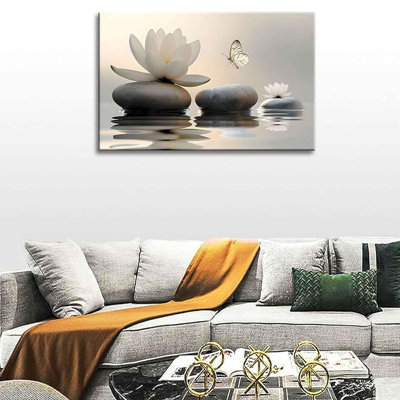 Zen White Lotus Canvas Wall Art Bathroom Decor Painting Pictures Living Room Meditation Spa Posters Prints For Modern Spiritual Yoga Bedroom Decoration Ready To Hang 16X24 Inch