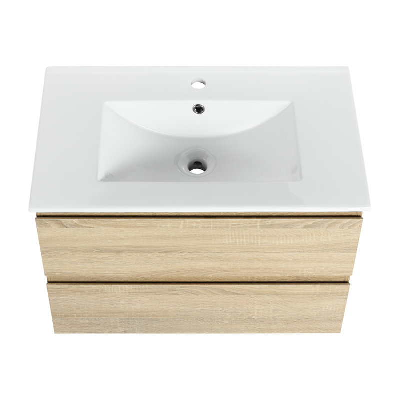 Meuble-lavabo en chêne 30 po avec lavabo en céramique et 2 tiroirs à fermeture en douceur - applique murale moderne 2, 30"