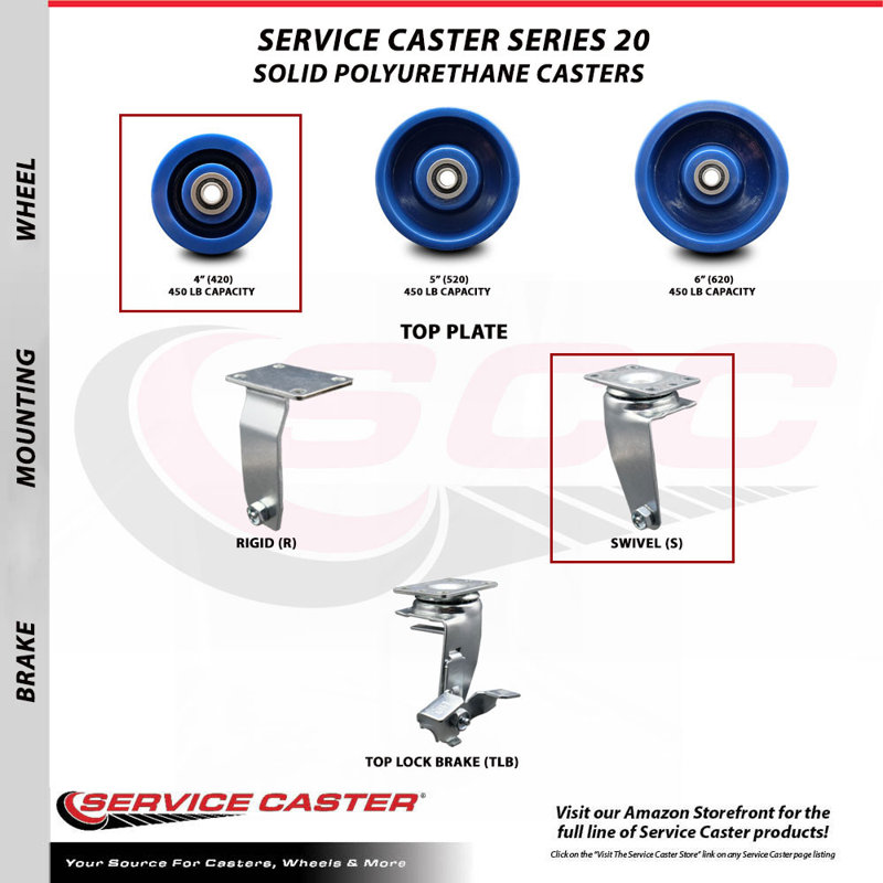 4 Piece Solid Polyurethane Caster Set with Ball Bearings 2 Swivel 2 Rigid