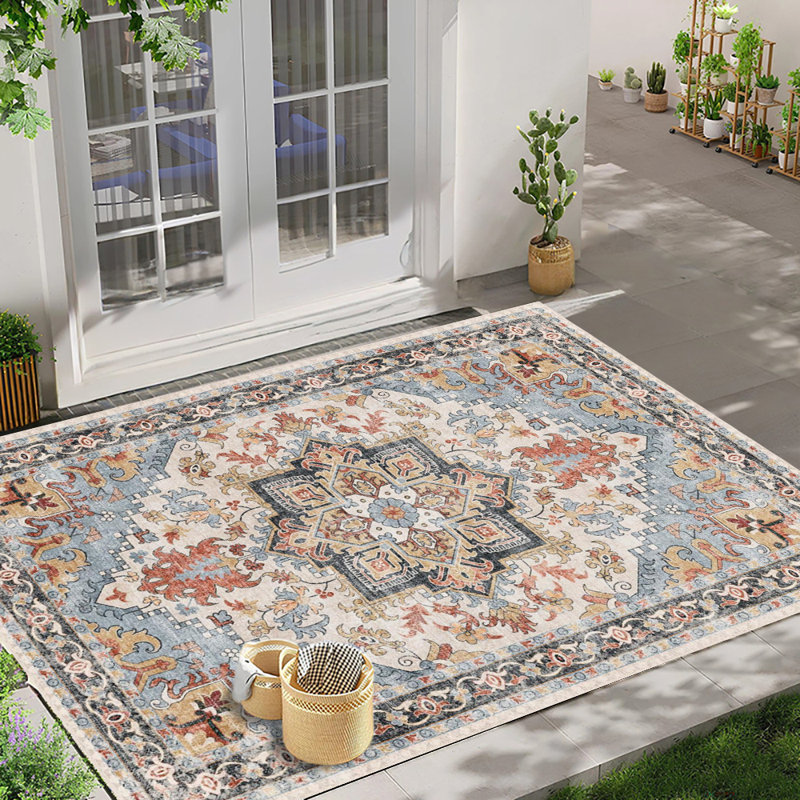 Vintage Persian Area Rug, Bohemian Indoor Outdoor Carpet with Colorful Floral Medallion Pattern, Washable Durable Rug for Living Room, Hallway, Bedroom, Patio