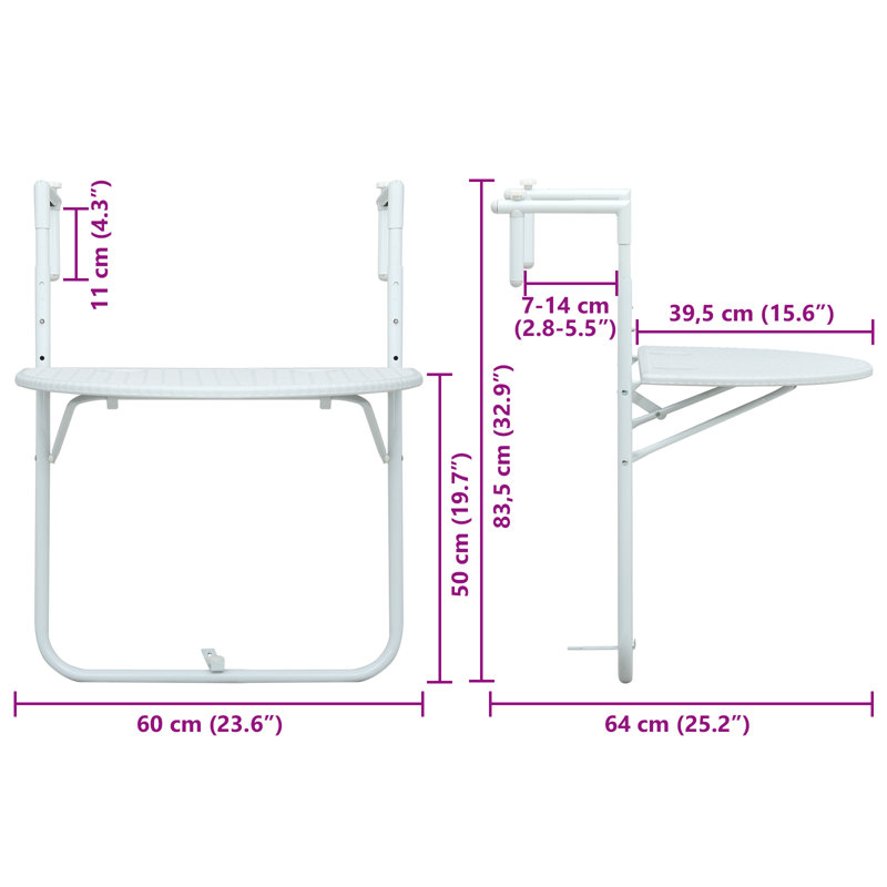 Tisdall Half Moon Outdoor Balcony Table - 60 cm W 64 cm D