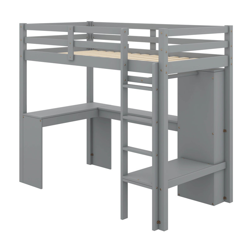 Structure de lit mezzanine avec tablettes et échelle pour garde-robe de bureau en L, Gris, Lit simple