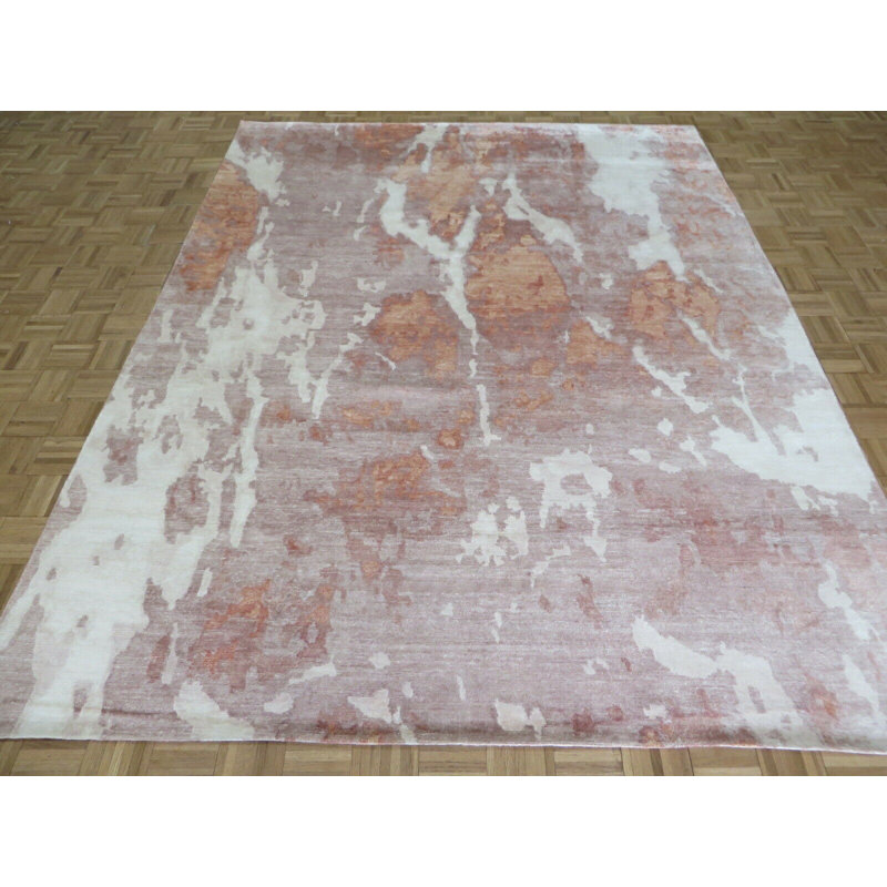 Tapis oriental moderne saumon noué à la main 8 pi 1 po x 10 pi 2 po avec soie A4ED609787124878BC1D488C51D3B546