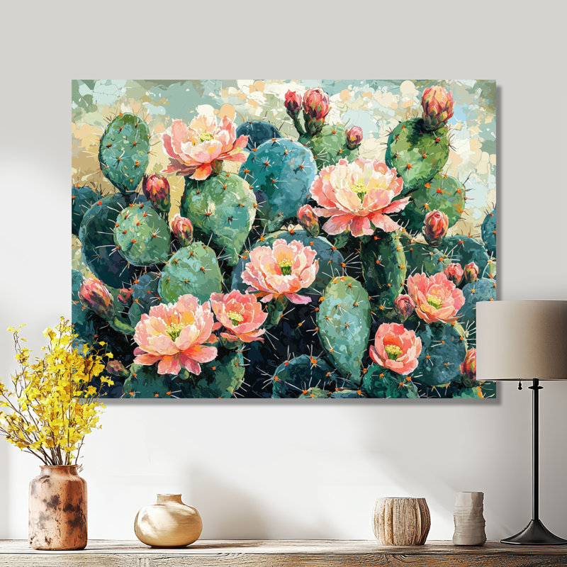 Cactus Garden In Bloom III - Art mural en métal pour salon Cactus, H 30 po x l 40 po