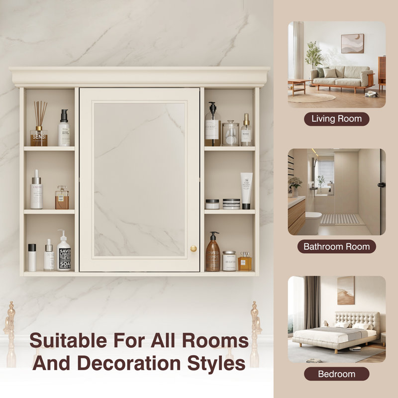 Elin 35,5 po X P 28,7 po H Grande armoire à pharmacie rectangulaire à fixation en surface avec miroir, Beige