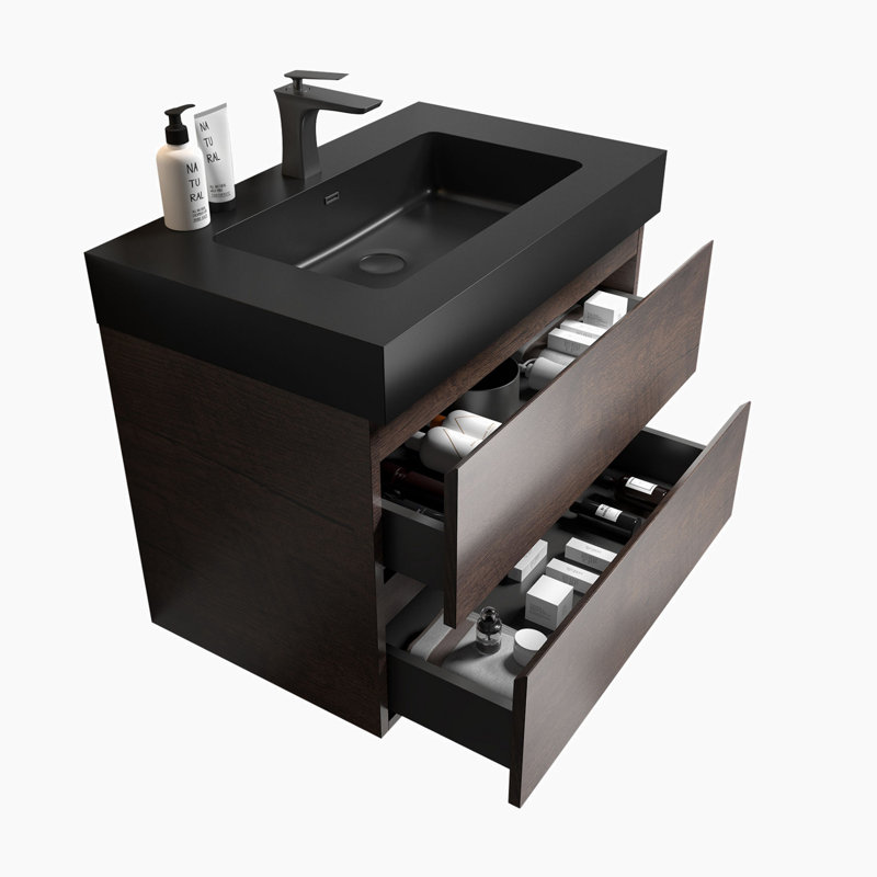 Ensemble de meuble-lavabo mural simple 29,9 po avec plateau Geis, Noyer, Noir