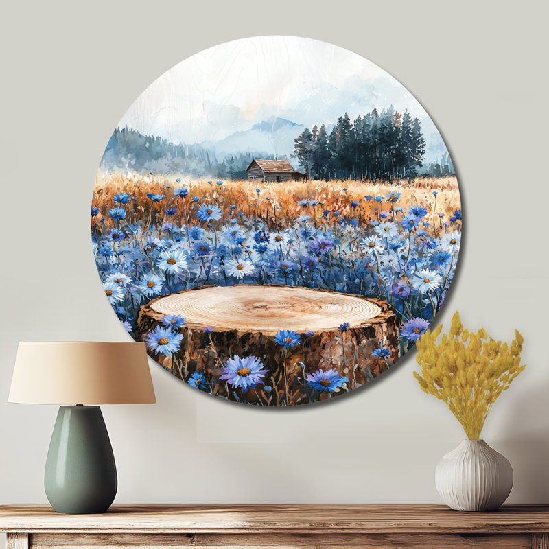 «Cornflowers Garden At The Barn On Slide II» - Art mural rond en métal, H 36 po x l 36 po
