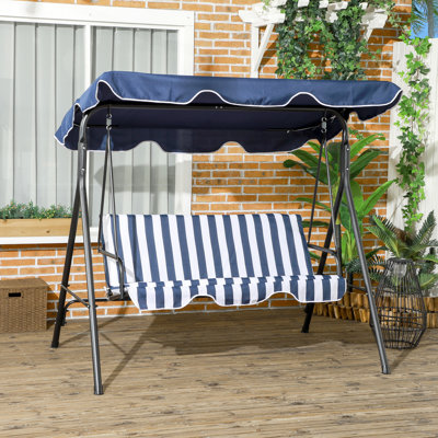 3 balancelles de patio bleu foncé. Coussin amovible. Structure en acier. Auvent inclinable réglable pour le jardin, la cour. Détendez-vous et détendez-vous. Capacité de poids de 440 lb. L 67,75 po x P 43,25 po x H 60,25 po. Assemblage requis
