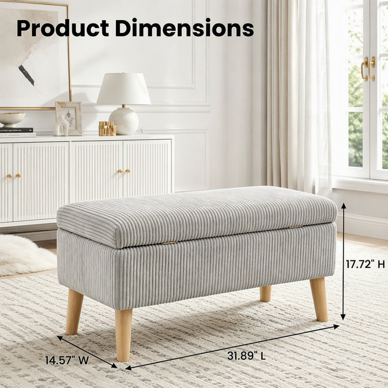 Banc de rangement en velours côtelé 32 pouces avec compartiment rabattable et pieds en bois massif, Beige