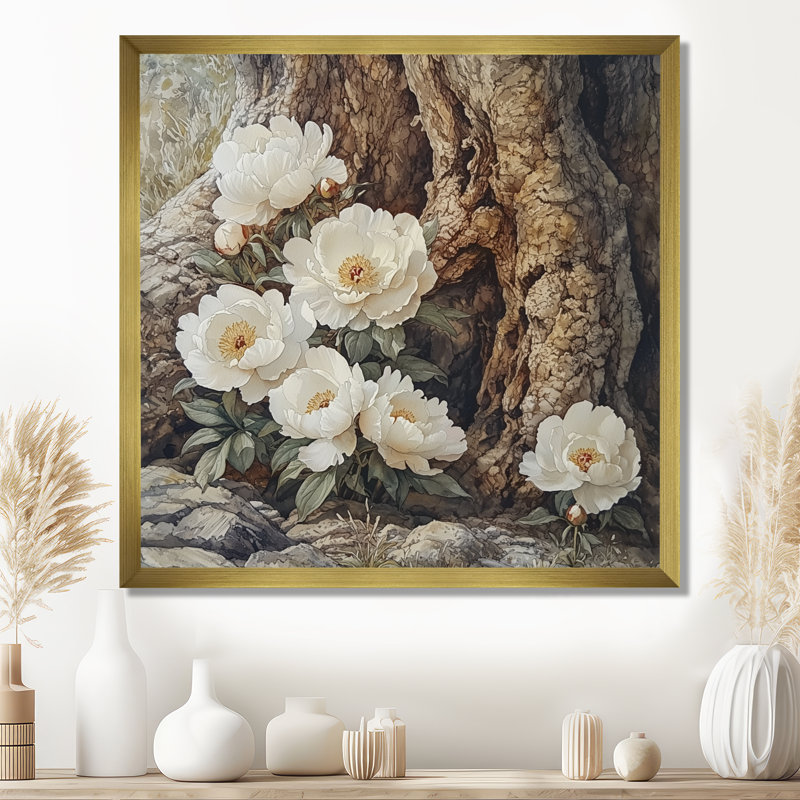 Pivoines près du vieux chêne I - pivoines, art mural, H 36 po x l 36 po, Reproduction encadrée d'une seule photo, Doré