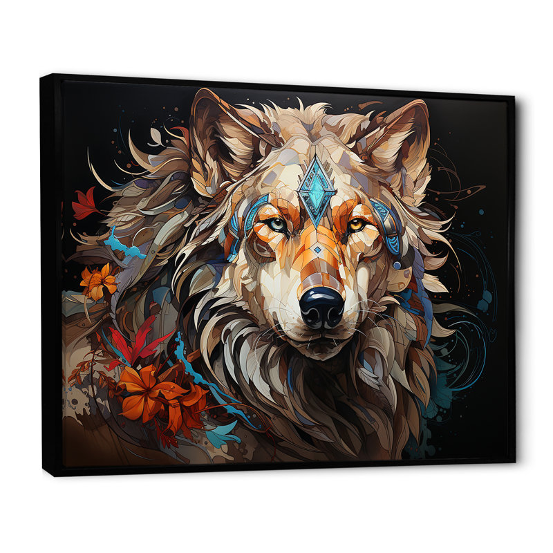 Loup natif de Lakota sur toile, Cadre flottant noir, H 16 po x l 32 po x P 1 po