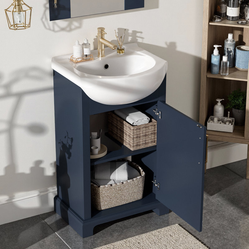 Meuble-lavabo sur pied bleu avec lavabo en céramique, Bleu