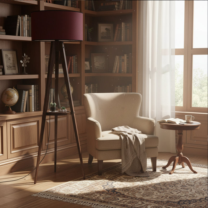 Wooden Body Drum Tripod Floor Lamp, Claret Red