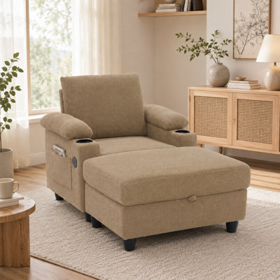 Versatile Chaise Lounge and Storage Ottoman Set with Reclining Backrest, Cup Holders and USB C Ports
