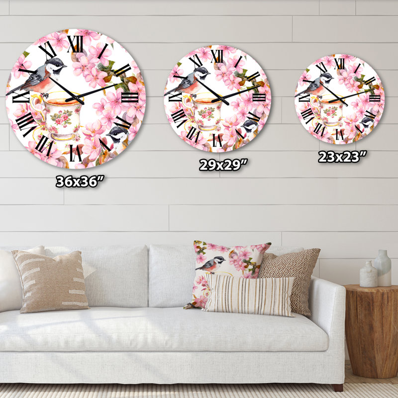 Tasse à thé oiseaux et fleurs - Horloge murale traditionnelle, Surdimensionné