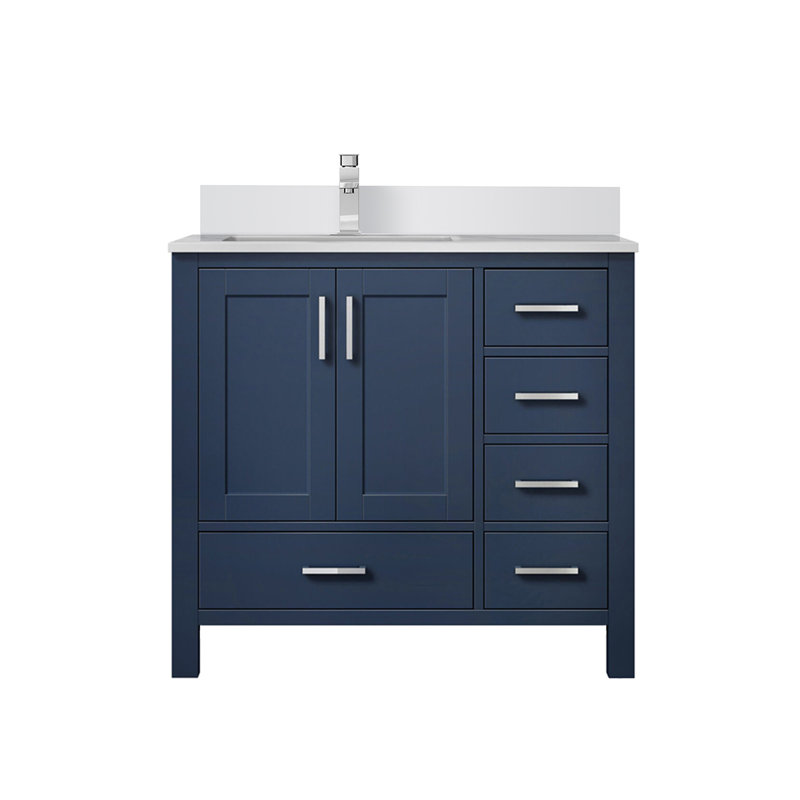 Bath Vanity with Left Offset White Quartz Top and Faucet Set, Navy Blue