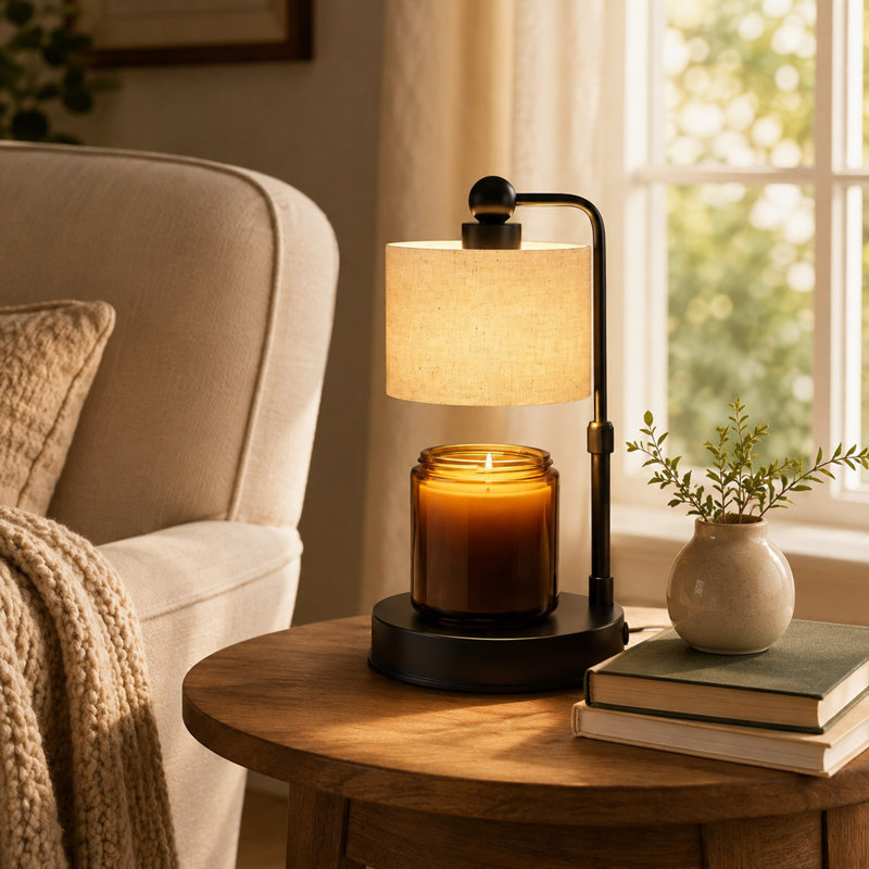 Lampe chauffe-bougie réglable, abat-jour en lin et minuterie