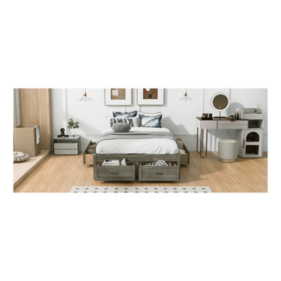Lit plateforme double avec 6 tiroirs de rangement, gris antique