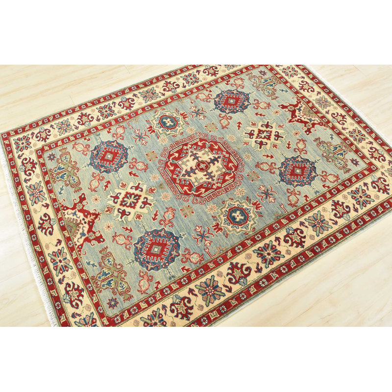 Tapis bleu en laine noué à la main de conception unique 4 pi 8 po x 6 pi 2 po