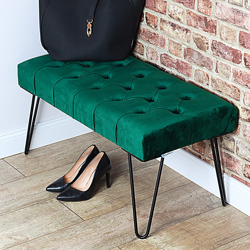 Velvet Upholstered Bench, Bottle Green, H40 x W80 x D35cm