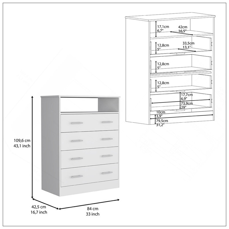 Four Drawer Dresser, Superior Top, One Open Shelf, White, White