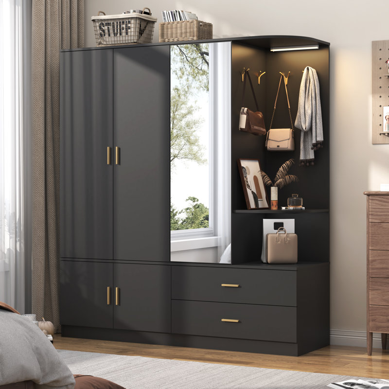 Armoire-penderie moderne avec miroir et capteur de lumière, grande penderie avec tablettes ouvertes, 4 crochets, 2 tringles de suspension, 5 portes et 2 tiroirs