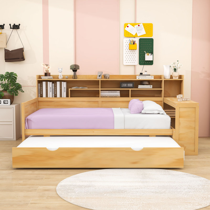Wooden Daybed with Storage Shelves,  Trundle Bed and Study Desk, Natural, Twin