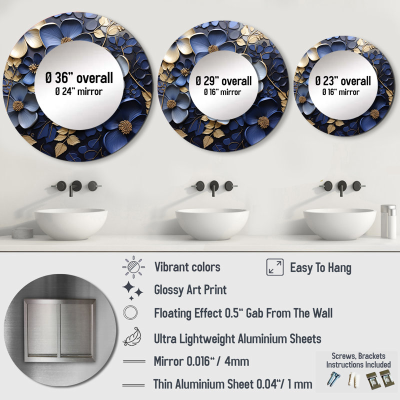 Senon Adorned blue and gold violet beauty - Violets Wall Mirror, Blue Round Decorative Mirror, Printed Metal Art, 23" x 23"