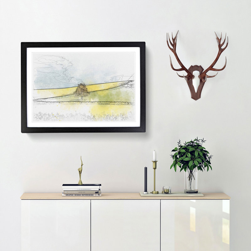 Lone Tree in a Yellow Meadow - Picture Frame Graphic Art Print, 62cm H x 87cm W x 2cm D, Black Framed