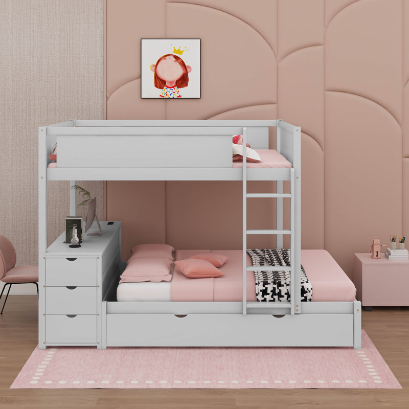 Lit double superposé double avec lit gigogne simple, bureau sous le lit et tiroirs de rangement, aucun sommier nécessaire